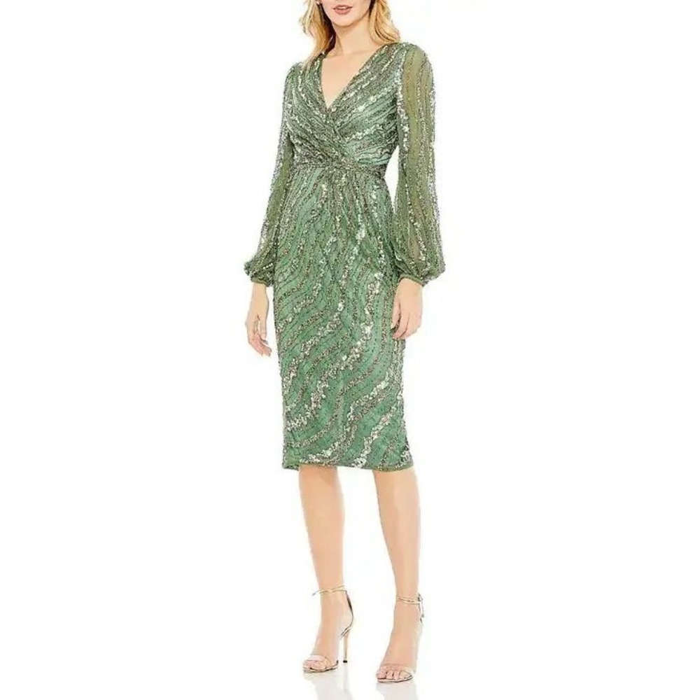 Mac Duggal Midi V Neck Long Sleeve Sequin Bead Dress Green Sz 4 New